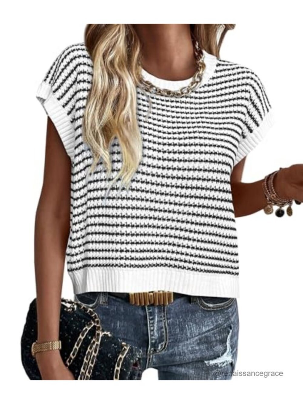 Striped Cap Sleeve Sweater Vest Crew Neck Knit Top Office Layering